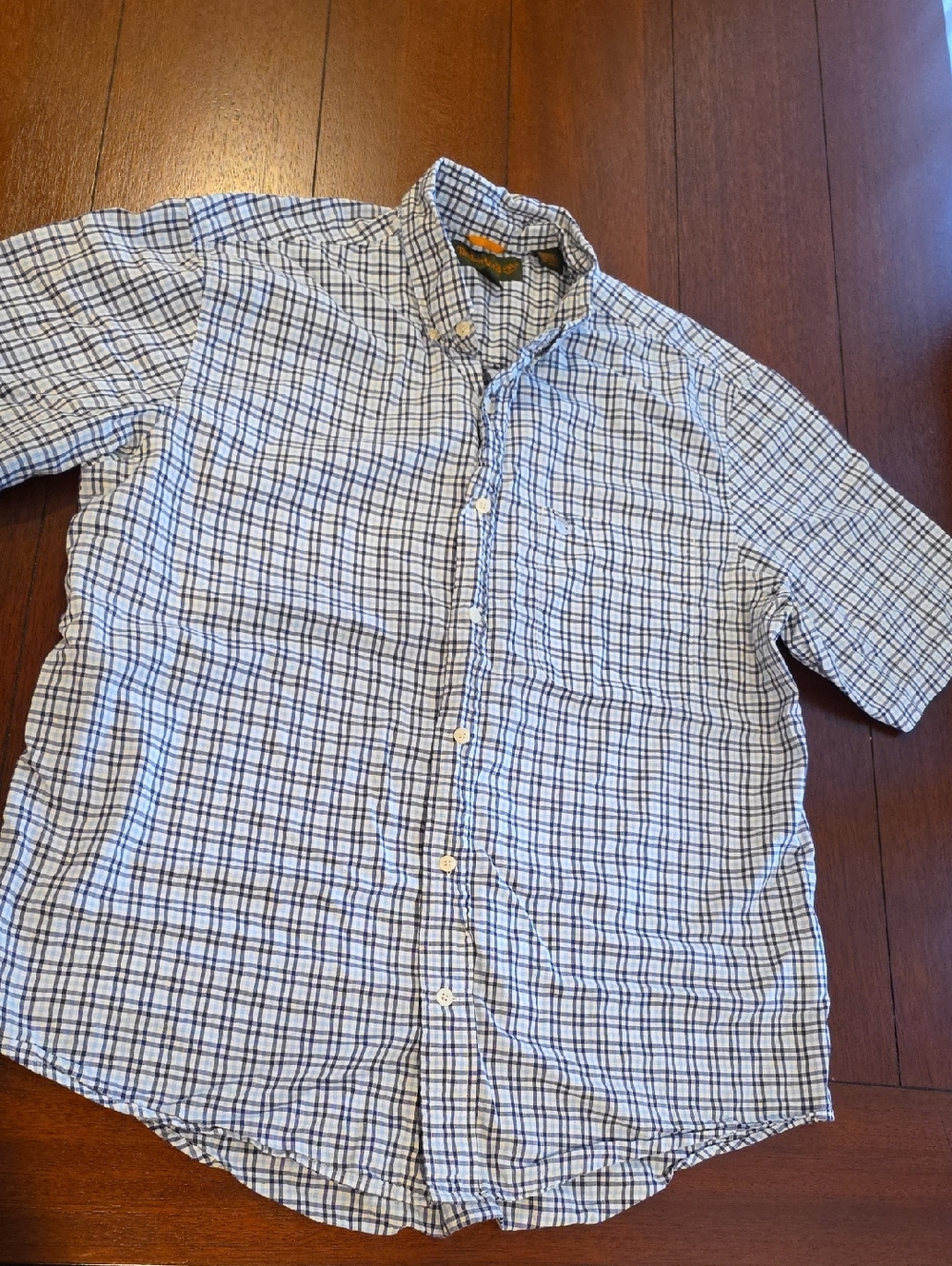 Timberland Men's Short-Sleeve Plaid Button-Down Shirt - Blue & White Size L